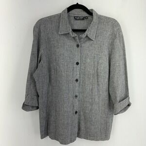Vintage 90s Women's 14 Button Up Top 3/4 Sleeve Linen Blend Black White